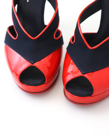 Vintage S/S 2008 Chanel Blue Red Open Toe Patent Leather Runway Heels / 37 (US 7)