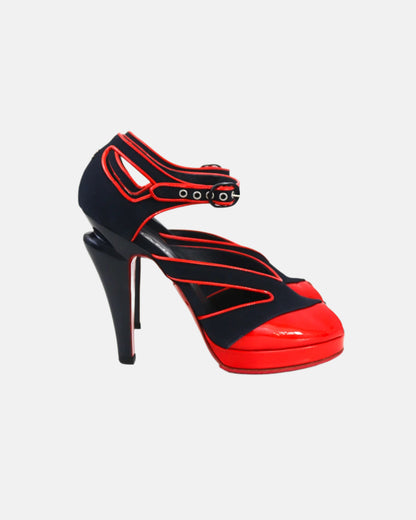 Vintage S/S 2008 Chanel Blue Red Open Toe Patent Leather Runway Heels / 37 (US 7)