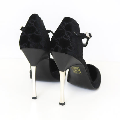 Vintage F/W 1997 Gucci by Tom Ford Black Velvet Monogram Pointed Toe Heels / 37 (US 7)