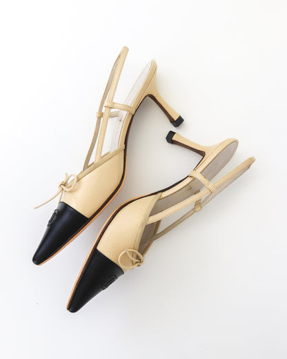 Vintage Chanel Iconic Tan Black Slingback CC Logo Bow Embellished Heels / 36.5 (US 6.5)