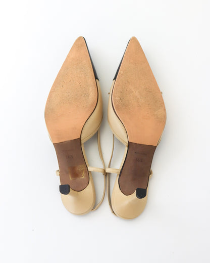 Vintage Chanel Iconic Tan Black Slingback CC Logo Bow Embellished Heels / 36.5 (US 6.5)