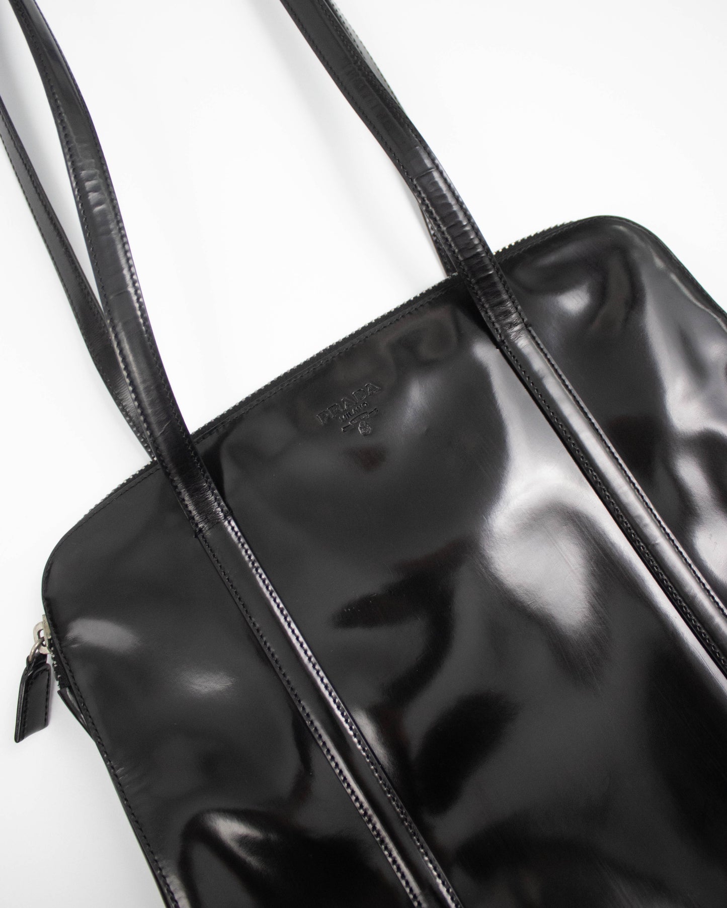 Vintage 1990s Prada Spazzolato Black Patent Leather Shoulder Bag