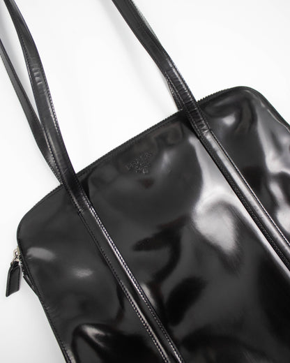 Vintage 1990s Prada Spazzolato Black Patent Leather Shoulder Bag