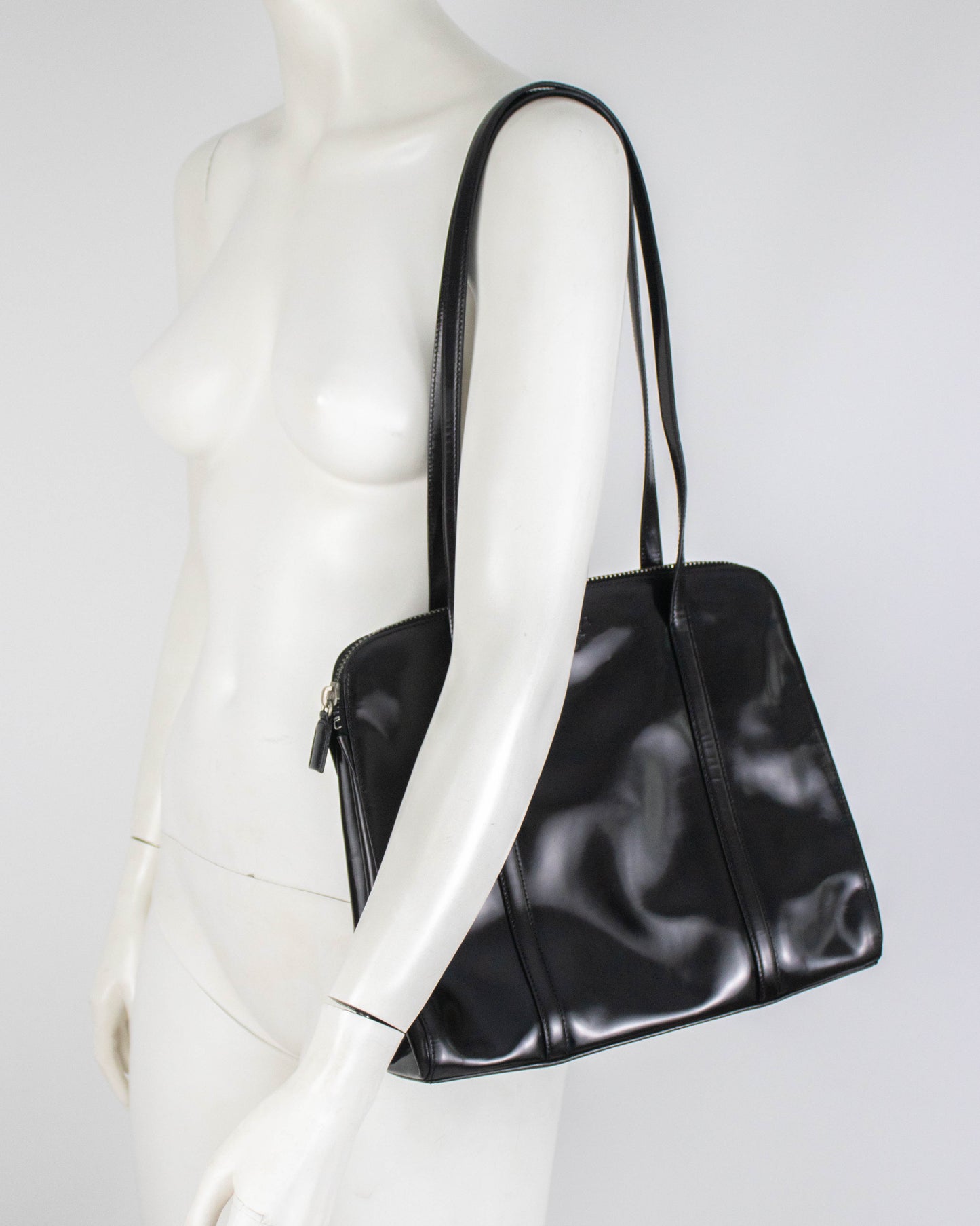 Vintage 1990s Prada Spazzolato Black Patent Leather Shoulder Bag