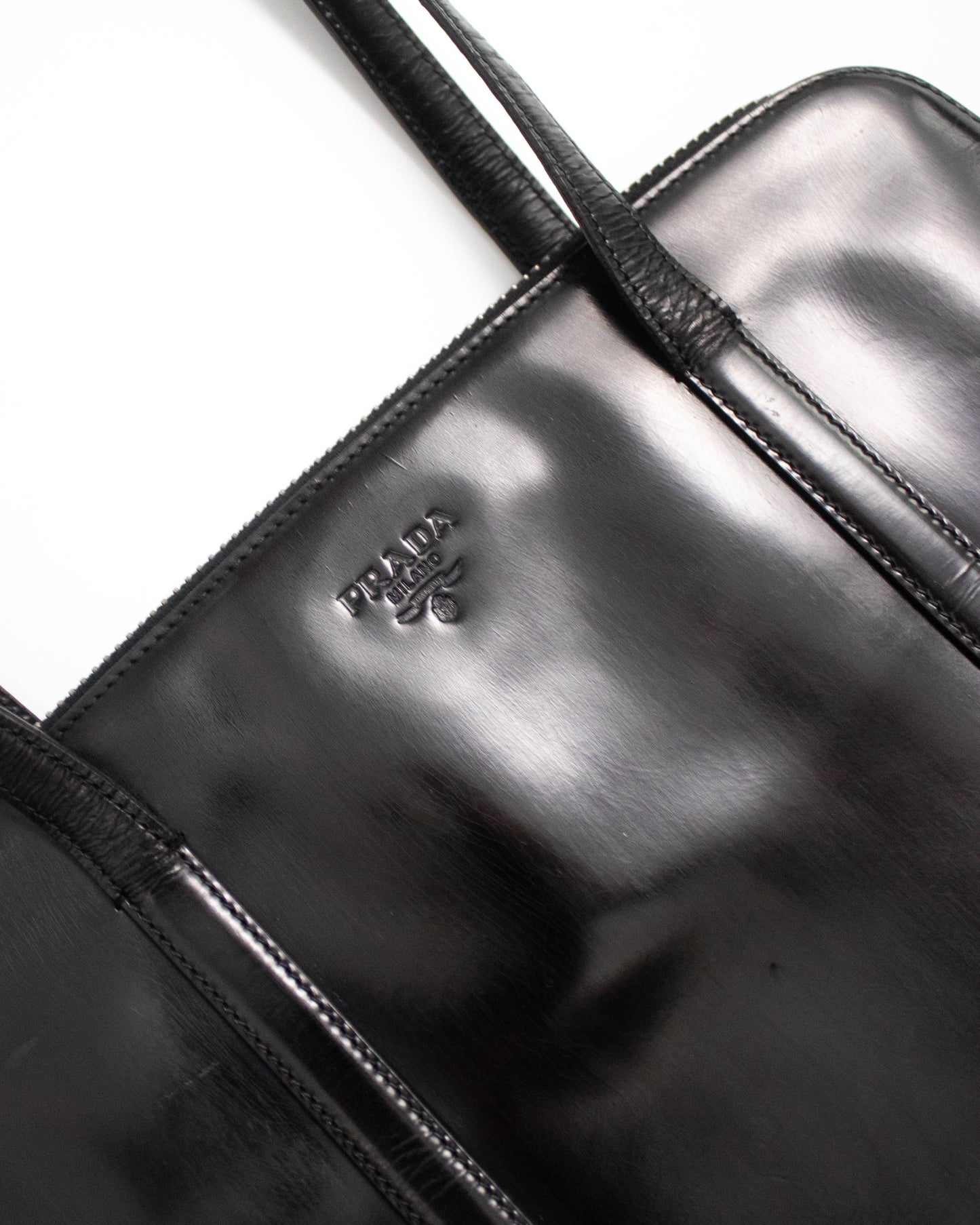Vintage 1990s Prada Spazzolato Black Patent Leather Shoulder Bag