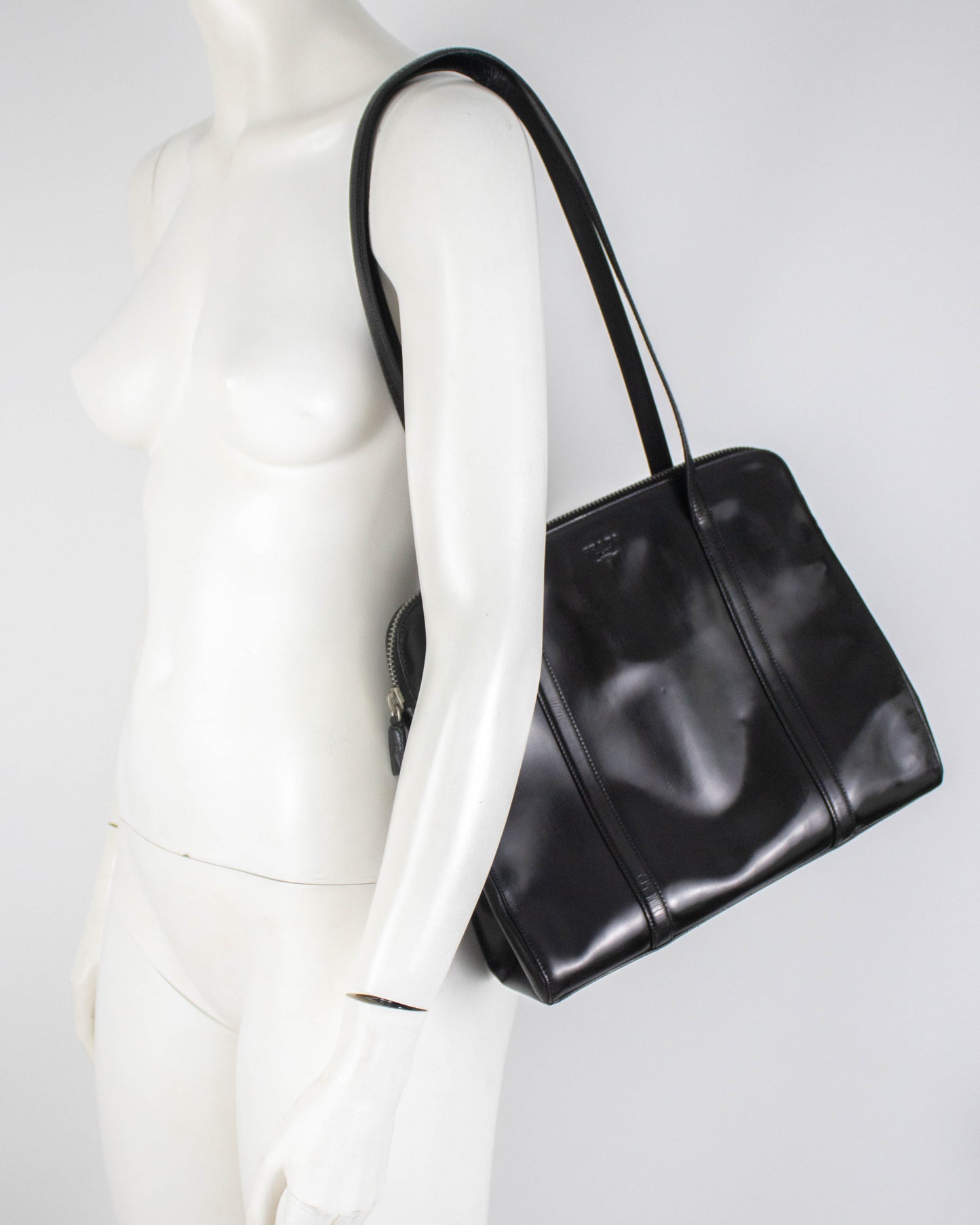 Vintage 1990s Prada Spazzolato Black Patent Leather Shoulder Bag