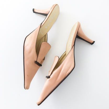 Vintage 2000s Prada Nude Satin Pointed Toe Flared Kitten Heel Mules / 37.5 (US 7.5)
