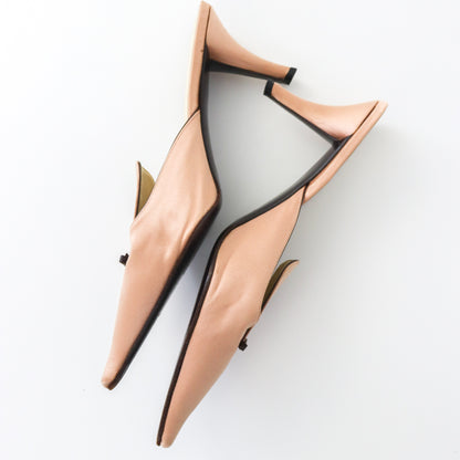 Vintage 2000s Prada Nude Satin Pointed Toe Flared Kitten Heel Mules / 37.5 (US 7.5)