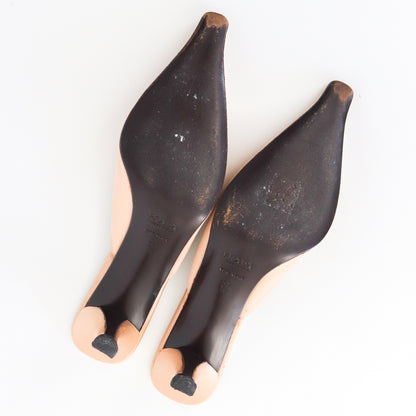 Vintage 2000s Prada Nude Satin Pointed Toe Flared Kitten Heel Mules / 37.5 (US 7.5)