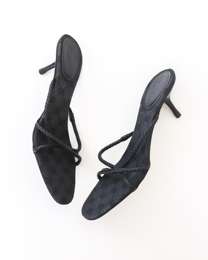 Vintage F/W 2002 Gucci by Tom Ford Black Monogram Kitten Heel Mules Braided Leather Detail / 40 (US 10)
