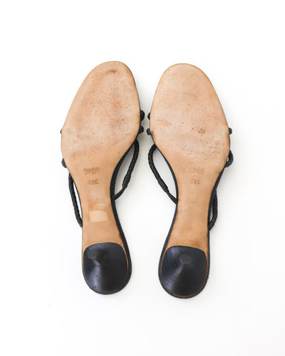 Vintage F/W 2002 Gucci by Tom Ford Black Monogram Kitten Heel Mules Braided Leather Detail / 40 (US 10)