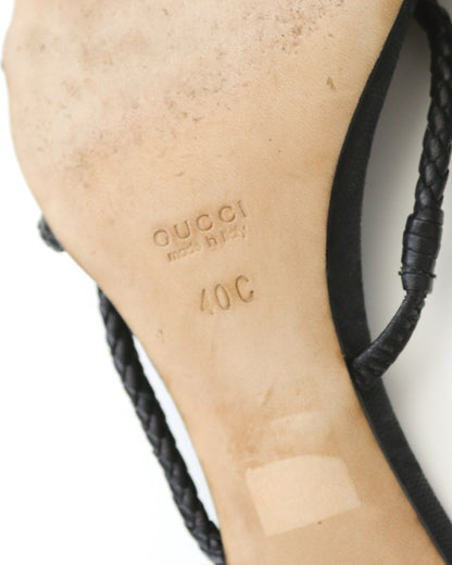 Vintage F/W 2002 Gucci by Tom Ford Black Monogram Kitten Heel Mules Braided Leather Detail / 40 (US 10)