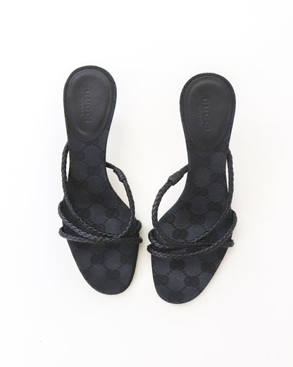 Vintage F/W 2002 Gucci by Tom Ford Black Monogram Kitten Heel Mules Braided Leather Detail / 35 (US 5)