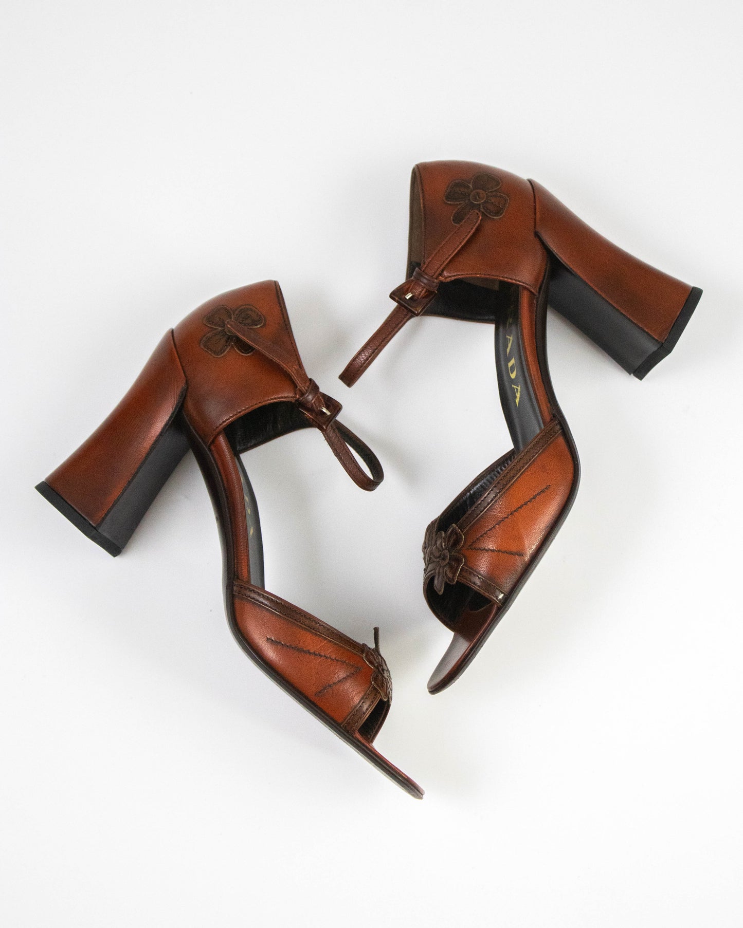Vintage Prada F/W 1996 Brown Leather Flower Applique Runway Heels / 37.5 (US 7.5)
