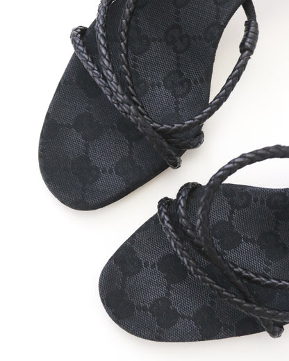 Vintage F/W 2002 Gucci by Tom Ford Black Monogram Kitten Heel Mules Braided Leather Detail / 35 (US 5)