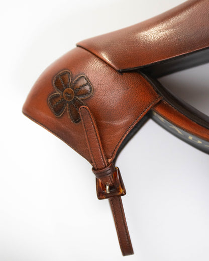 Vintage Prada F/W 1996 Brown Leather Flower Applique Runway Heels / 37.5 (US 7.5)