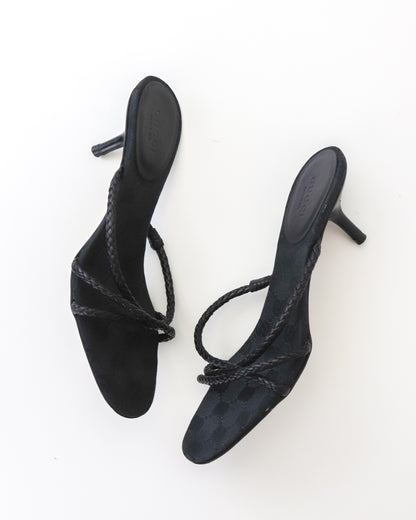 Vintage F/W 2002 Gucci by Tom Ford Black Monogram Kitten Heel Mules Braided Leather Detail / 35 (US 5)