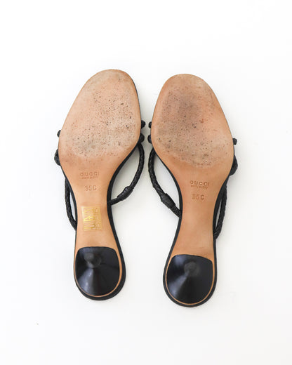 Vintage F/W 2002 Gucci by Tom Ford Black Monogram Kitten Heel Mules Braided Leather Detail / 35 (US 5)