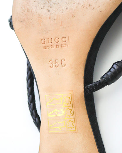 Vintage F/W 2002 Gucci by Tom Ford Black Monogram Kitten Heel Mules Braided Leather Detail / 35 (US 5)