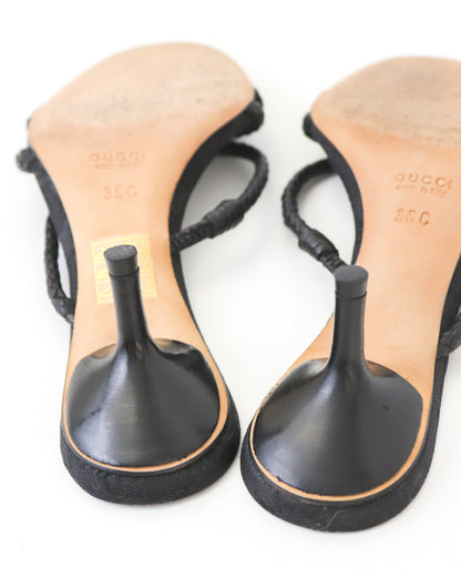 Vintage F/W 2002 Gucci by Tom Ford Black Monogram Kitten Heel Mules Braided Leather Detail / 35 (US 5)
