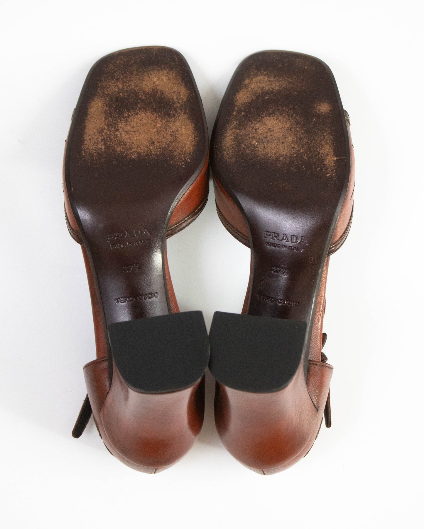 Vintage Prada F/W 1996 Brown Leather Flower Applique Runway Heels / 37.5 (US 7.5)