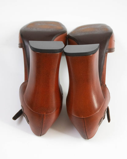 Vintage Prada F/W 1996 Brown Leather Flower Applique Runway Heels / 37.5 (US 7.5)