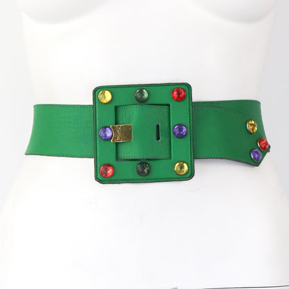 Vintage 1980s Yves Saint Laurent Jewelled Wide Leather Belt YSL Logo