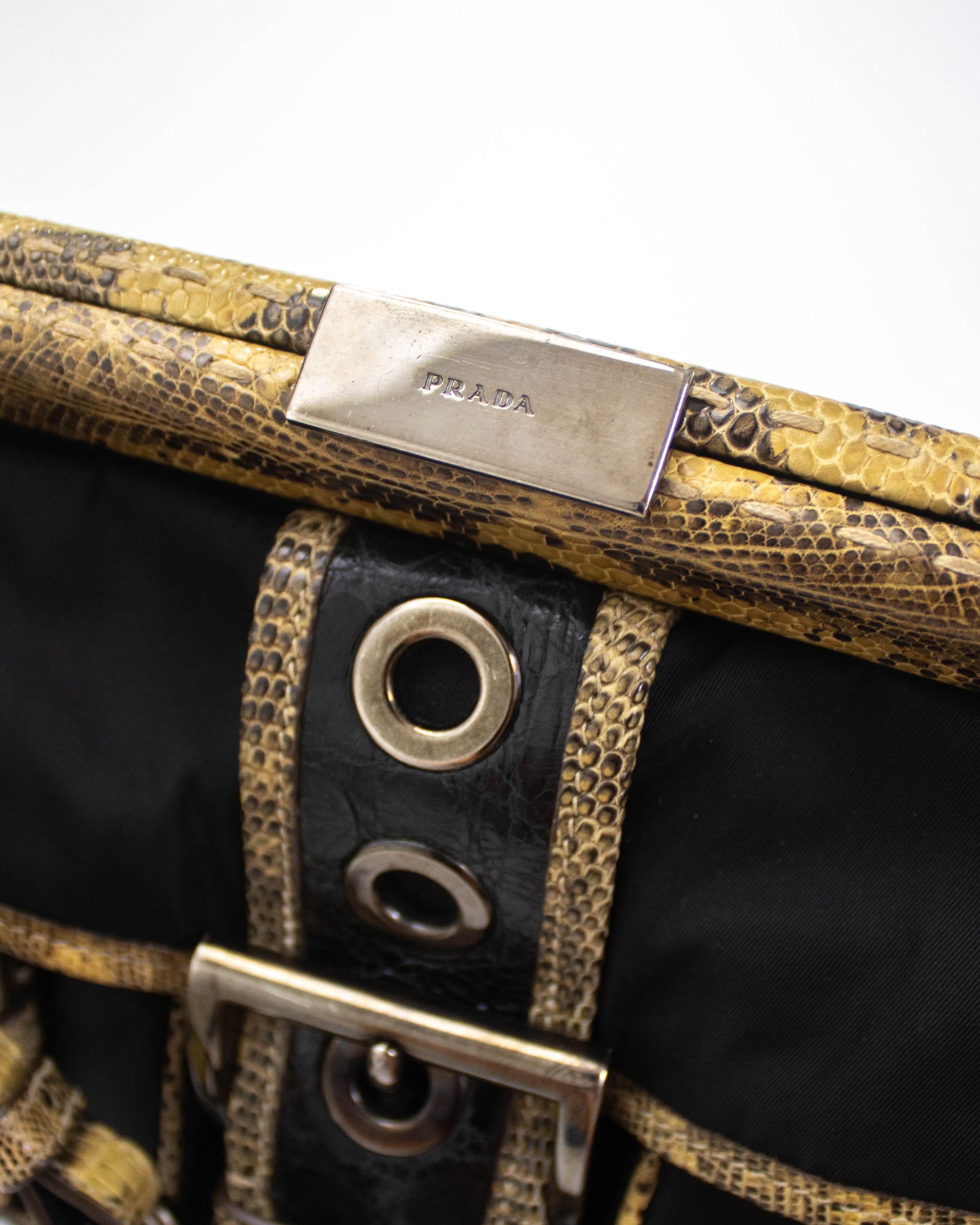 Vintage Prada Black Nylon Lizard Trim Shoulder Bag