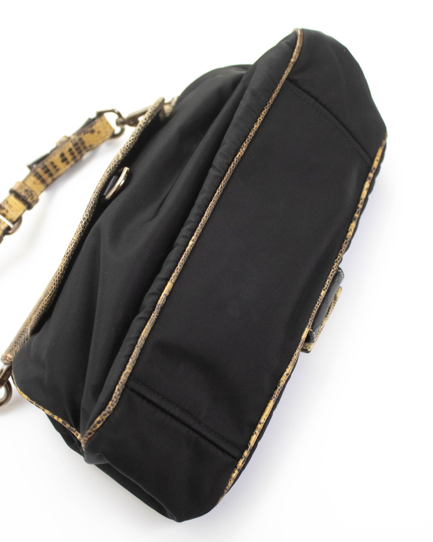 Vintage Prada Black Nylon Lizard Trim Shoulder Bag