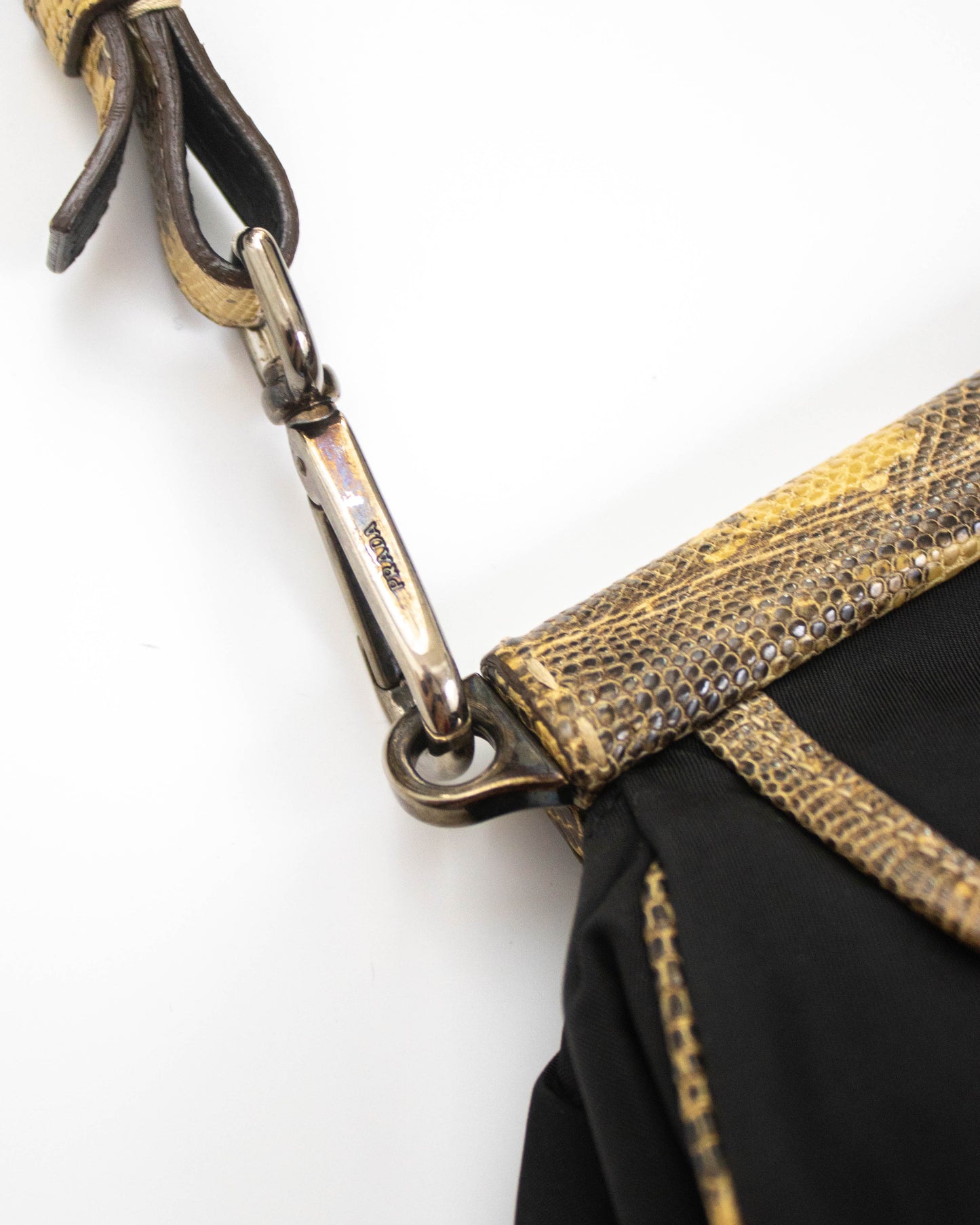 Vintage Prada Black Nylon Lizard Trim Shoulder Bag