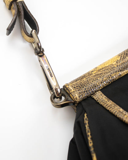 Vintage Prada Black Nylon Lizard Trim Shoulder Bag