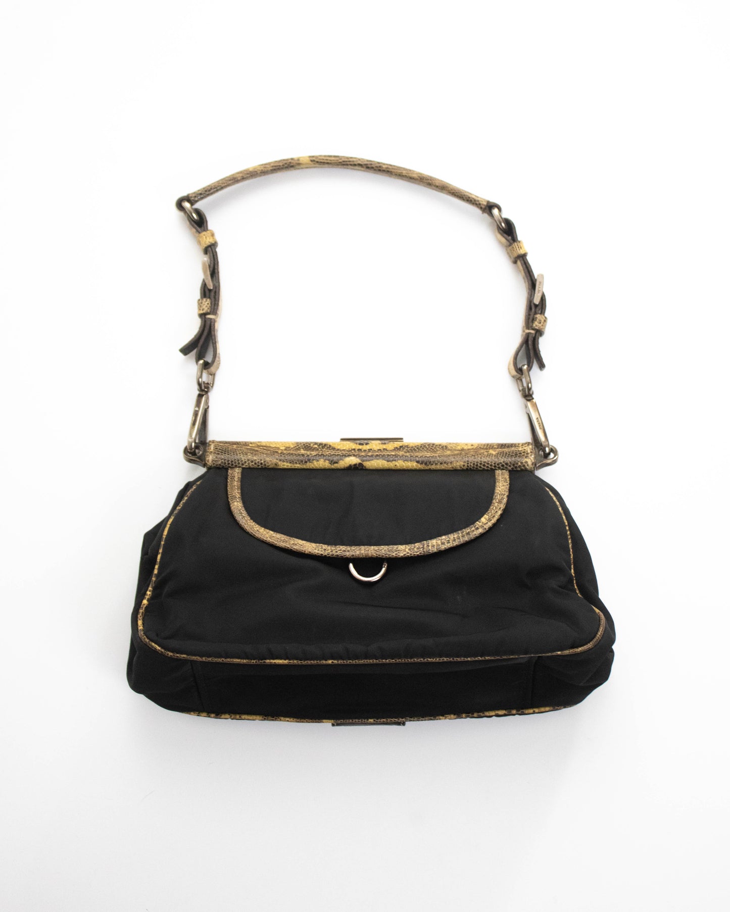 Vintage Prada Black Nylon Lizard Trim Shoulder Bag