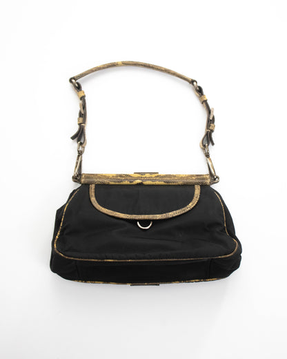 Vintage Prada Black Nylon Lizard Trim Shoulder Bag