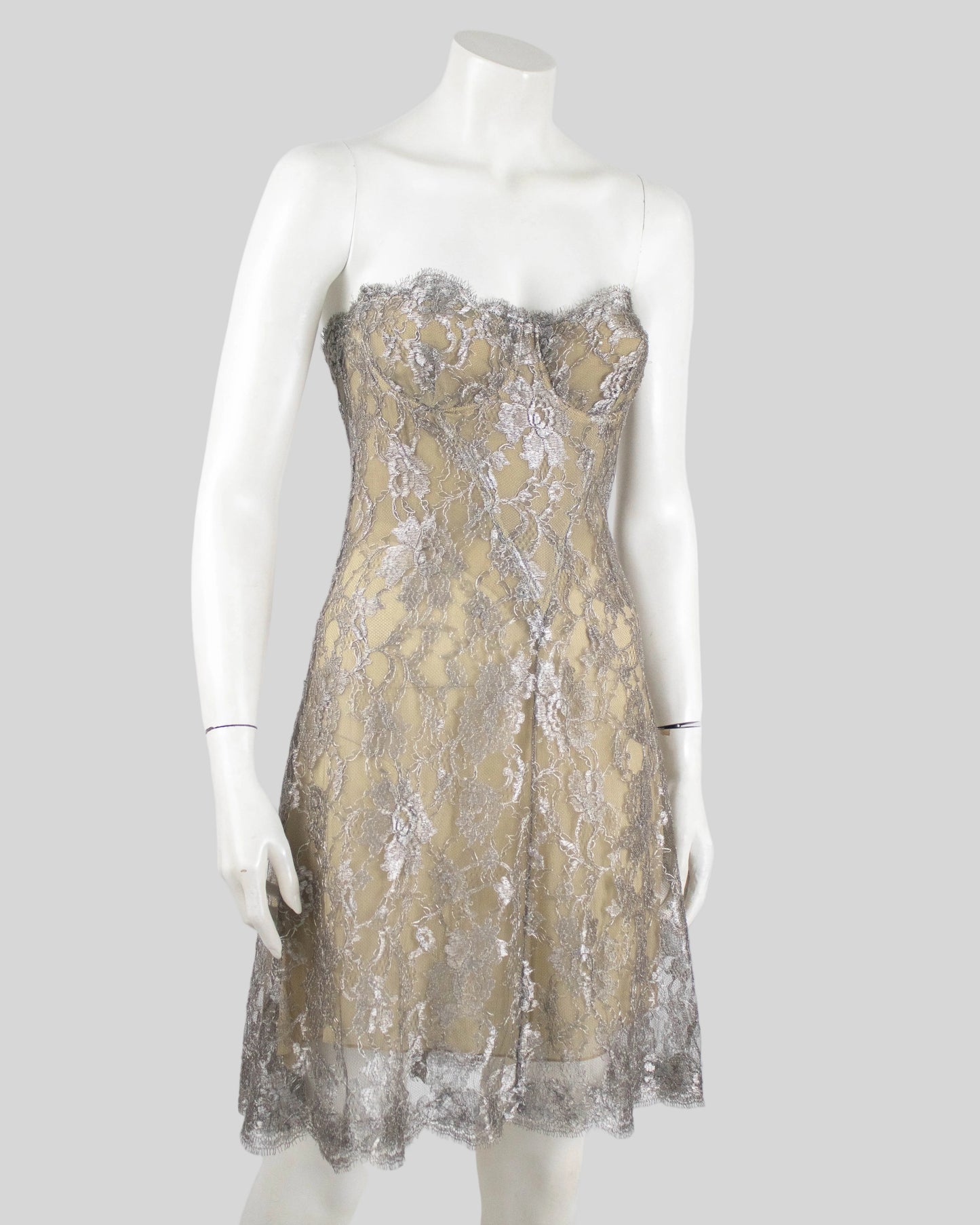 Vintage S/S 1992 Calvin Klein Collection Silver Lace Silk Runway Dress / XS-S