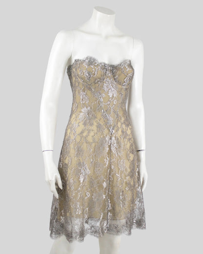 Vintage S/S 1992 Calvin Klein Collection Silver Lace Silk Runway Dress / XS-S