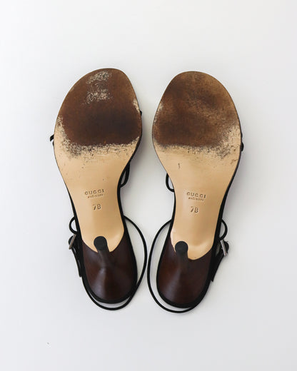 Vintage Gucci by Tom Ford Black Suede Minimalist Bow Strappy Sandals / 37 (US 7)