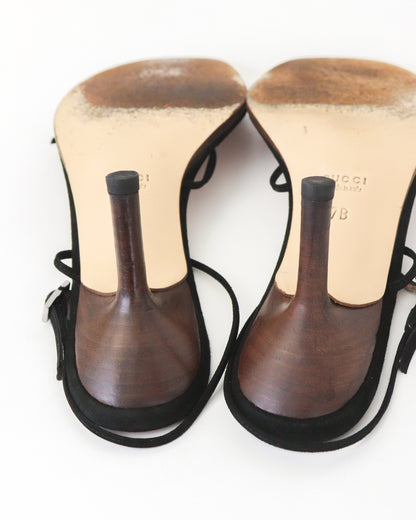 Vintage Gucci by Tom Ford Black Suede Minimalist Bow Strappy Sandals / 37 (US 7)