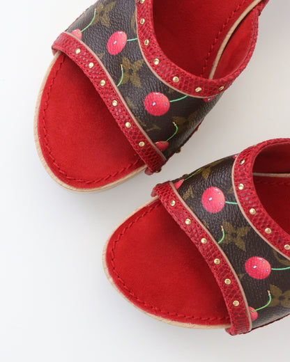 Vintage 2005 Louis Vuitton Takashi Murakami LV Monogram Cherry Wooden Clog Mules / 36.5 (US 6.5)
