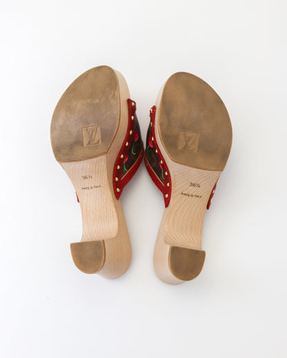 Vintage 2005 Louis Vuitton Takashi Murakami LV Monogram Cherry Wooden Clog Mules / 36.5 (US 6.5)