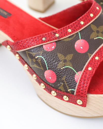 Vintage 2005 Louis Vuitton Takashi Murakami LV Monogram Cherry Wooden Clog Mules / 36.5 (US 6.5)