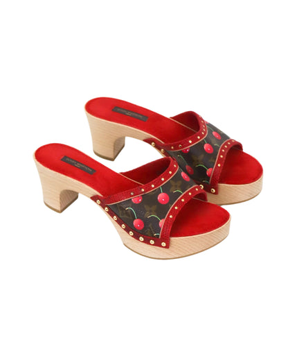 Vintage 2005 Louis Vuitton Takashi Murakami LV Monogram Cherry Wooden Clog Mules / 36.5 (US 6.5)