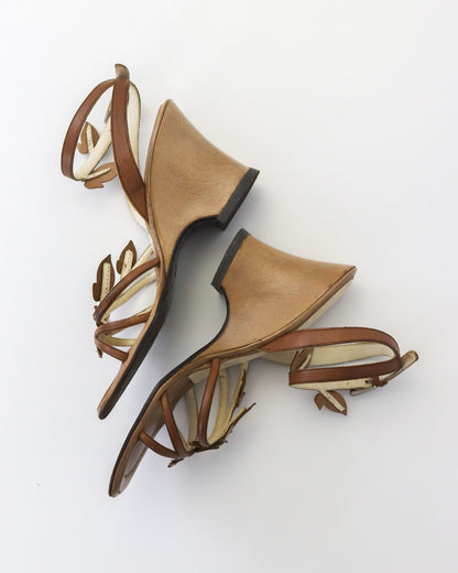 Vintage S/S 1997 Prada Beige Floral Vine Leaf Applique Wedge Sandals / 35 (US 5)