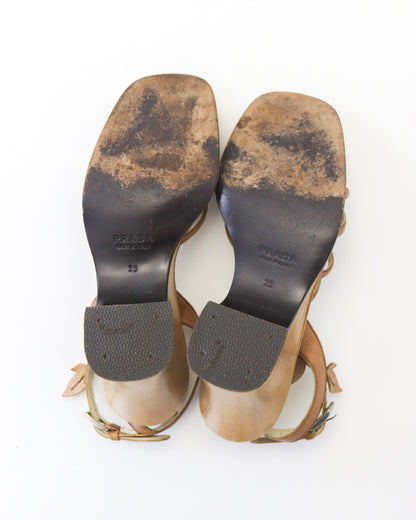 Vintage S/S 1997 Prada Beige Floral Vine Leaf Applique Wedge Sandals / 35 (US 5)