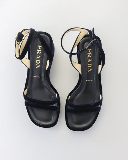 Vintage S/S 1997 Prada Blue Velvet Platform Wedge Runway Sandals / 36.5 (US 6.5)