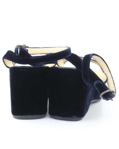 Vintage S/S 1997 Prada Blue Velvet Platform Wedge Runway Sandals / 36.5 (US 6.5)