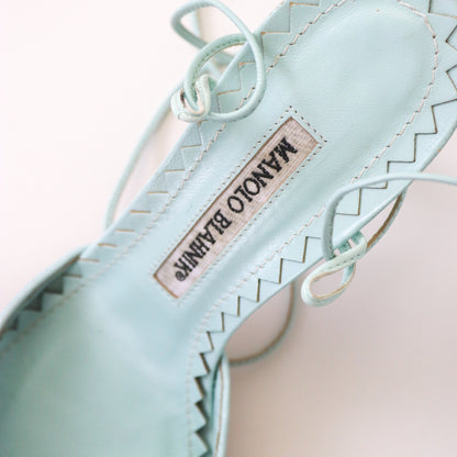 Vintage 2000s Manolo Blahnik Stingray Skin Turquoise Leather Lace Up Mules / 36 (US 6)