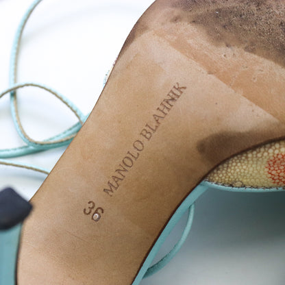 Vintage 2000s Manolo Blahnik Stingray Skin Turquoise Leather Lace Up Mules / 36 (US 6)
