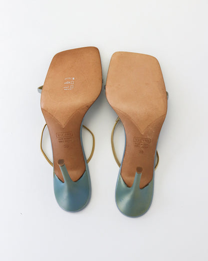 Vintage Vicini Giuseppe Zanotti Metallic Blue Square Toe Bejeweled Mule Heels / 38 (US 8)