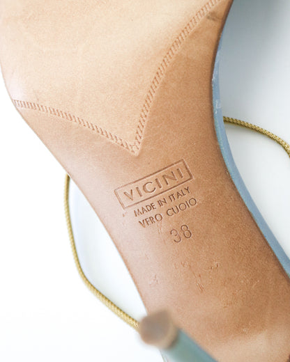 Vintage Vicini Giuseppe Zanotti Metallic Blue Square Toe Bejeweled Mule Heels / 38 (US 8)