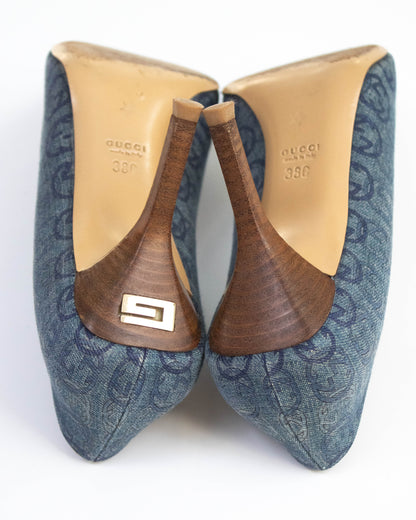 Vintage Gucci Interlocking GG Denim Monogram Heels G Letter Detail / 38 (US 8)